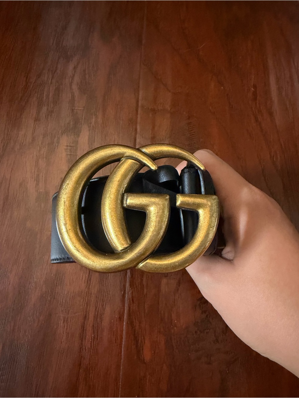 Women's Gucci Black Leather Belt with Aged Gold Double G Buckle